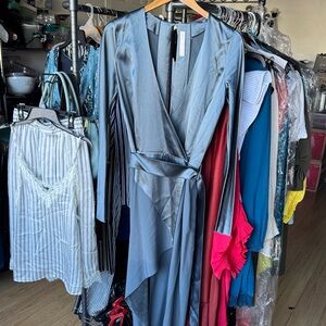 Elegant Blue Satin Wrap Dress